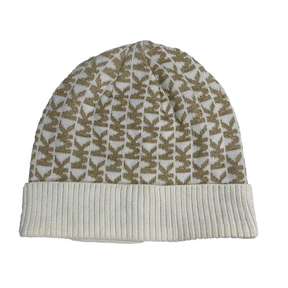 Michael Kors Logo Beanie Women's Hat Cap Cream Gold Metallic OS Lightweight - Picture 1 of 4